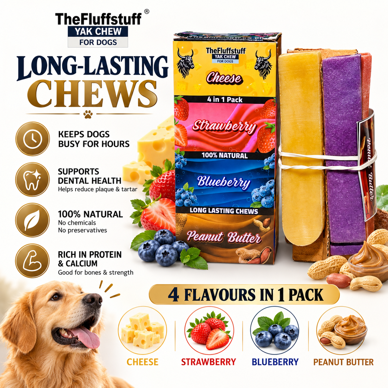 Medium Himalayan Yak Milk Dog Chews – 4 Assorted Flavours in one Pack, 280g Multi-Pack