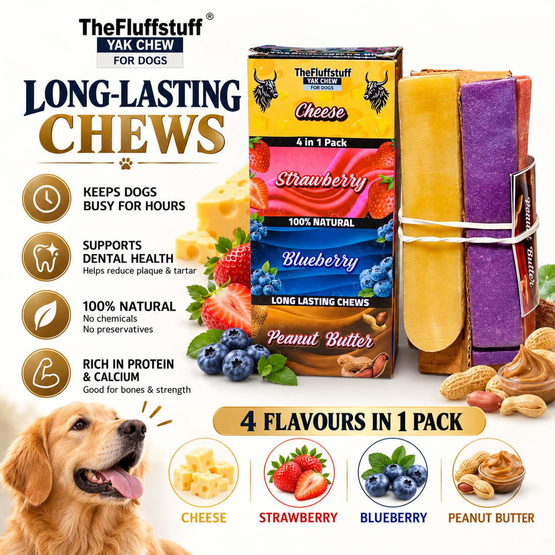 Medium Himalayan Yak Milk Dog Chews – 4 Assorted Flavours in one Pack, 280g Multi-Pack