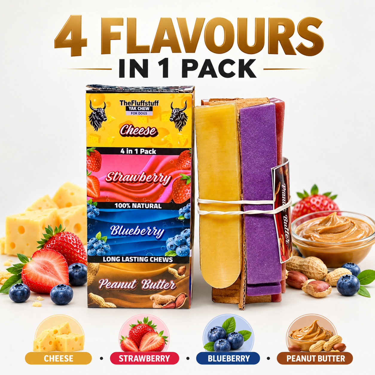 Medium Himalayan Yak Milk Dog Chews – 4 Assorted Flavours in one Pack, 280g Multi-Pack